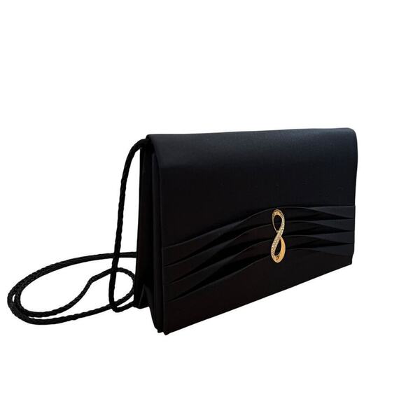 Vintage 60s Black Satin Pleated Purse Clutch Gold Tone Rhinestone Infinity Clasp - Picture 1 of 8